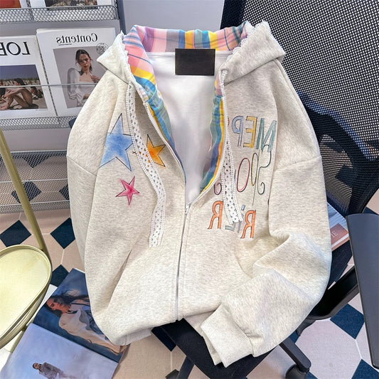 National tide American hiphop color graffiti star sweatshirt men and women spring and autumn high-end plaid splicing jacket cardigan