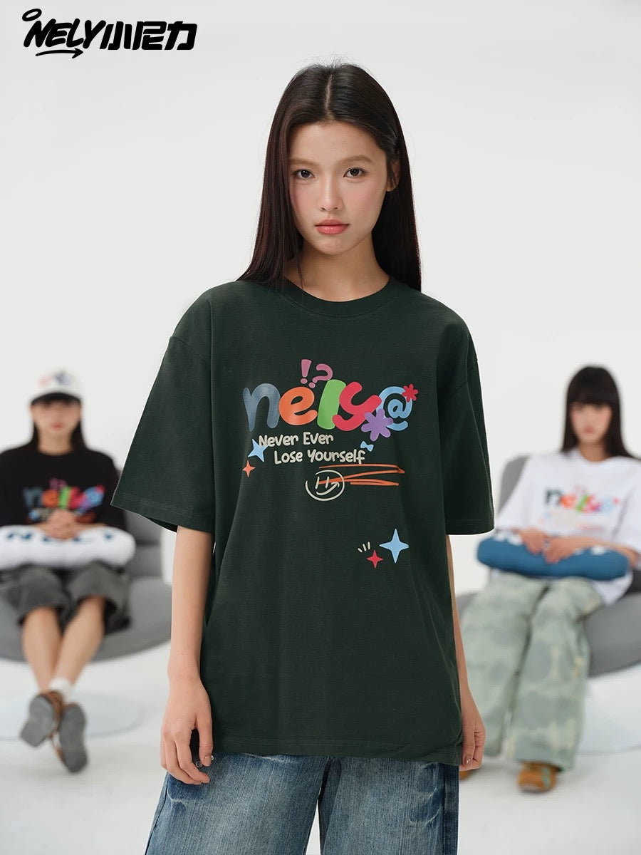 NELY Xiao Nili homemade colorful logo letter short-sleeved T-shirt for men and women couple hip-hop design round neck top
