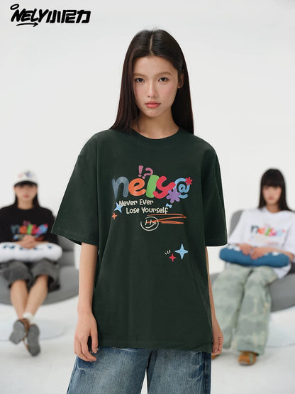 NELY Xiao Nili homemade colorful logo letter short-sleeved T-shirt for men and women couple hip-hop design round neck top