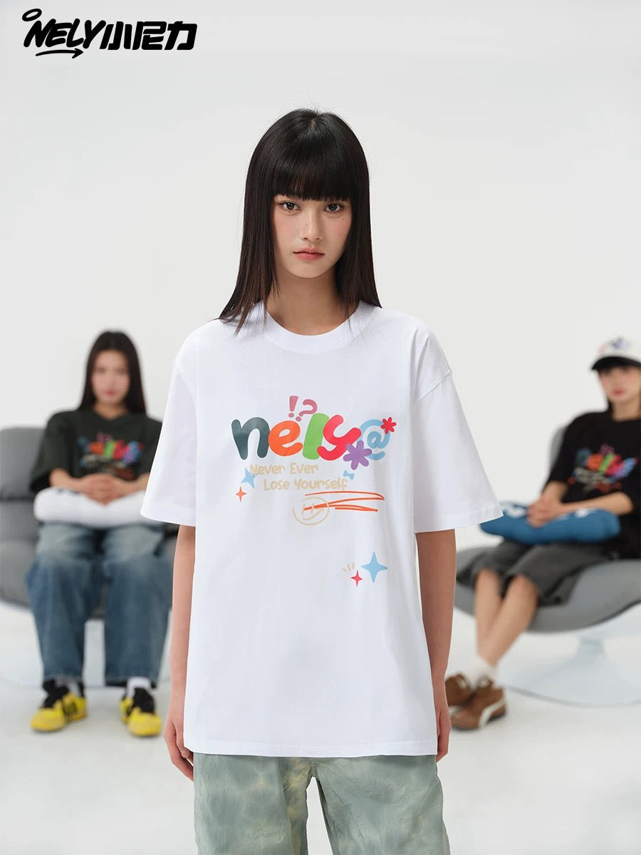 NELY Xiao Nili homemade colorful logo letter short-sleeved T-shirt for men and women couple hip-hop design round neck top