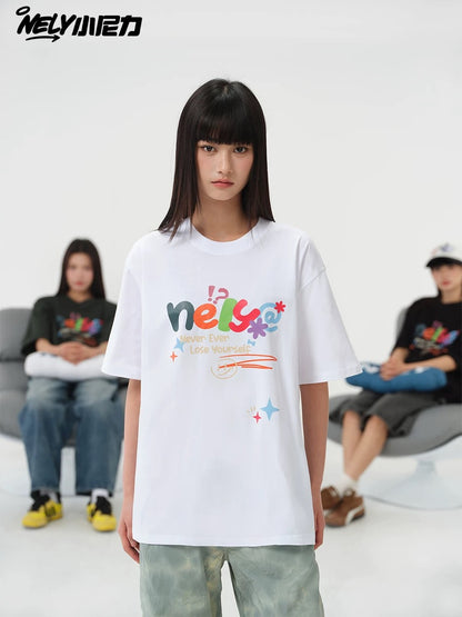 NELY Xiao Nili homemade colorful logo letter short-sleeved T-shirt for men and women couple hip-hop design round neck top
