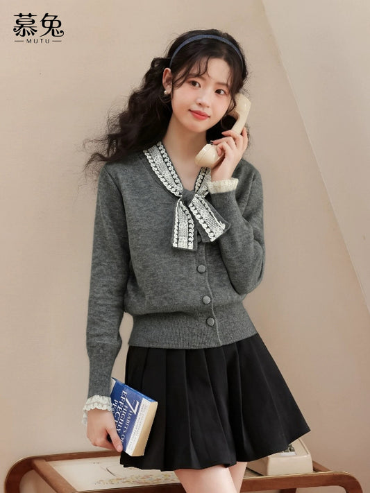 MuTu French-style Pink Sweater for Women, 2025 Winter New Arrival, Gentle Bow Knitted Long-sleeved Top