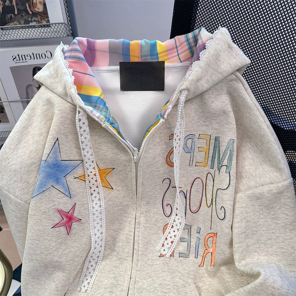 National tide American hiphop color graffiti star sweatshirt men and women spring and autumn high-end plaid splicing jacket cardigan