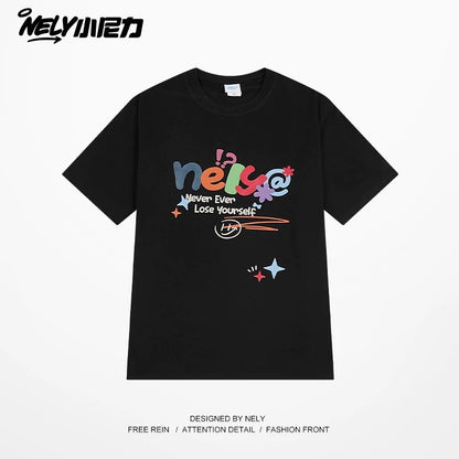 NELY Xiao Nili homemade colorful logo letter short-sleeved T-shirt for men and women couple hip-hop design round neck top
