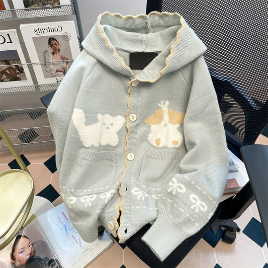 Cute cartoon soft and sticky sweater cardigan for men and women autumn and winter unique and beautiful knitted jacket