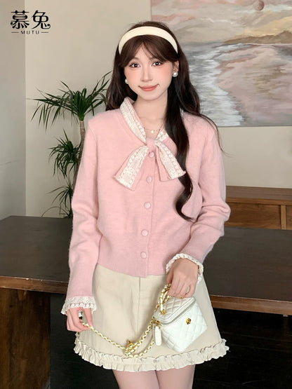 MuTu French-style Pink Sweater for Women, 2025 Winter New Arrival, Gentle Bow Knitted Long-sleeved Top