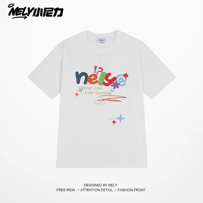 NELY Xiao Nili homemade colorful logo letter short-sleeved T-shirt for men and women couple hip-hop design round neck top
