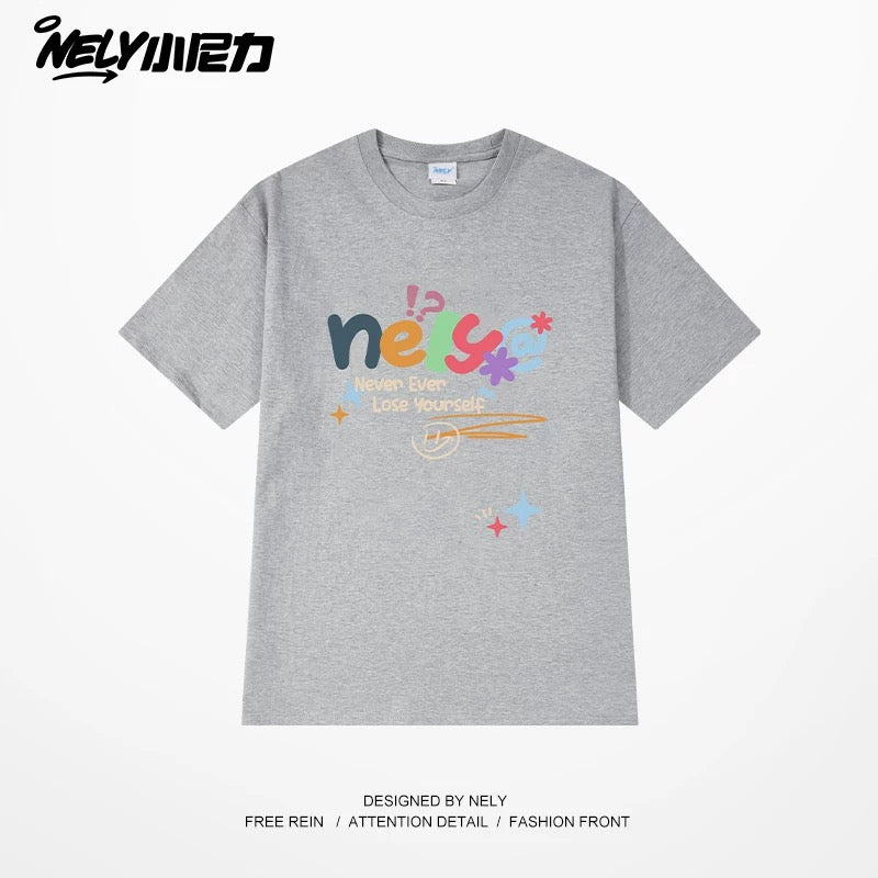 NELY Xiao Nili homemade colorful logo letter short-sleeved T-shirt for men and women couple hip-hop design round neck top