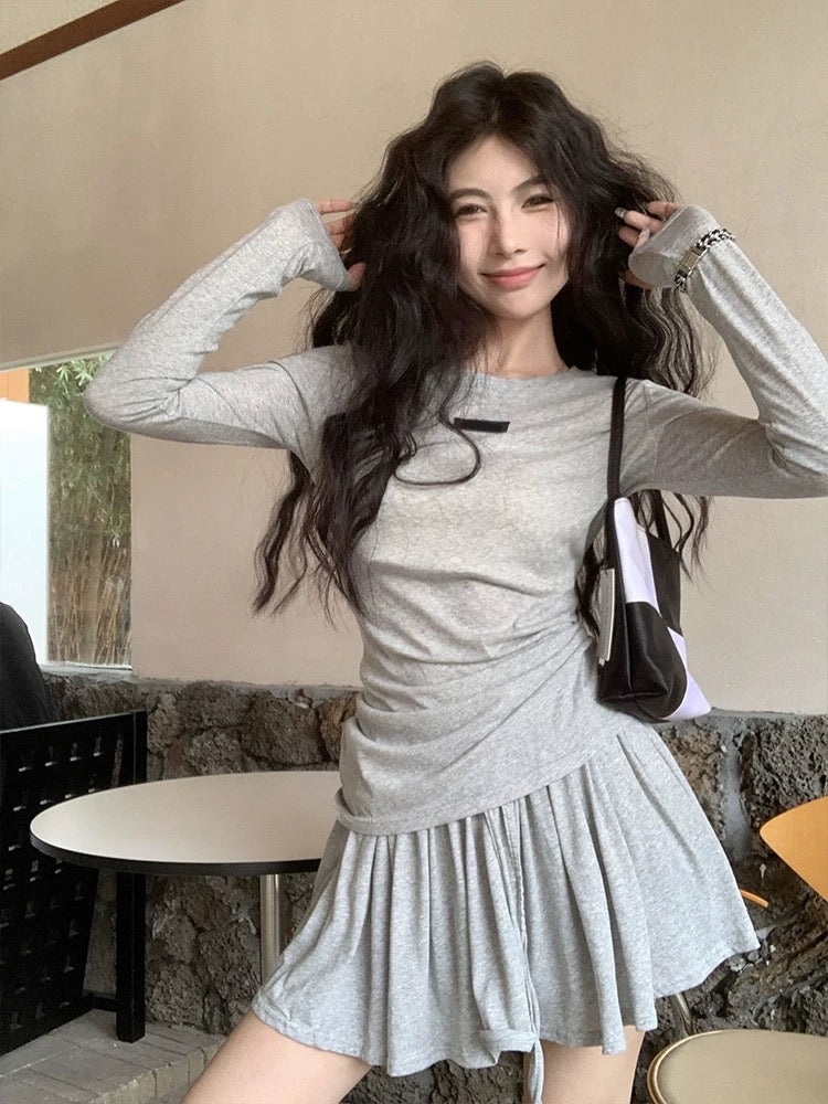 Hot girl casual suit women's summer new gray patch slim long-sleeved T-shirt high-waisted skirt two-piece set