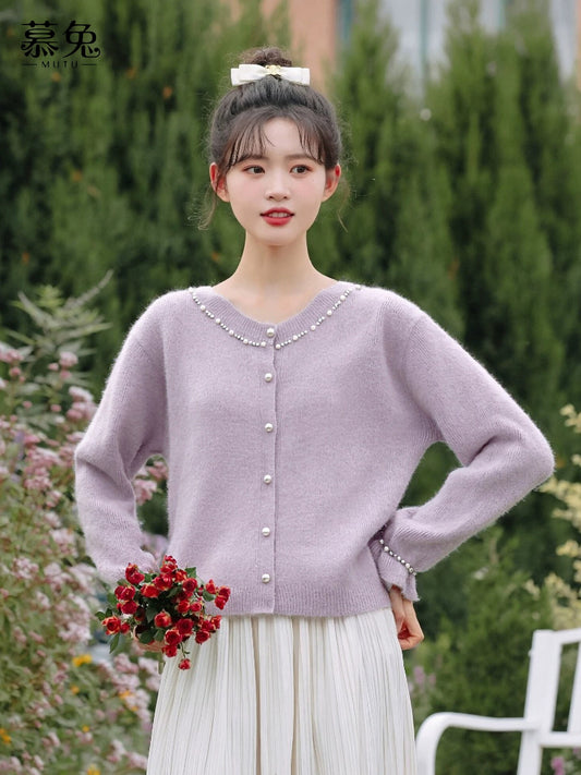 Mutu French-style heavy-duty beaded sweater for women, 2025 winter new style, petite, loose long-sleeved knitted cardigan top