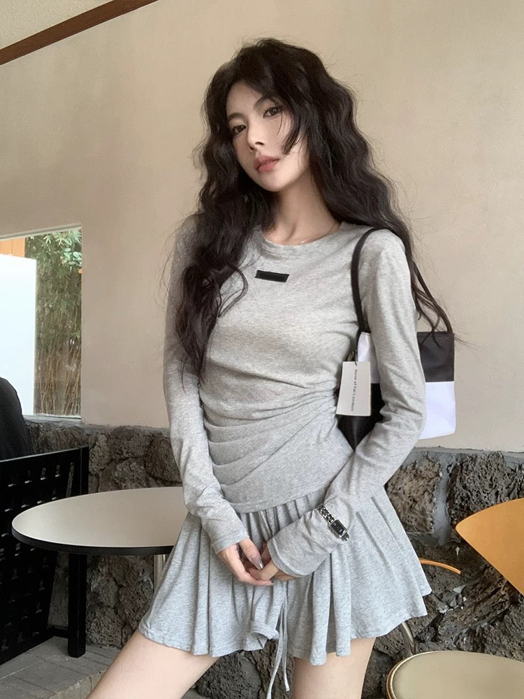 Hot girl casual suit women's summer new gray patch slim long-sleeved T-shirt high-waisted skirt two-piece set