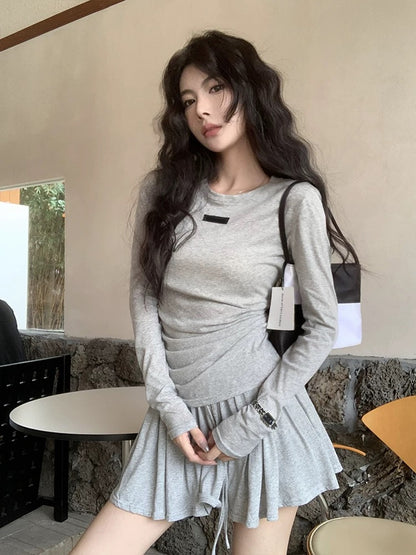 Hot girl casual suit women's summer new gray patch slim long-sleeved T-shirt high-waisted skirt two-piece set