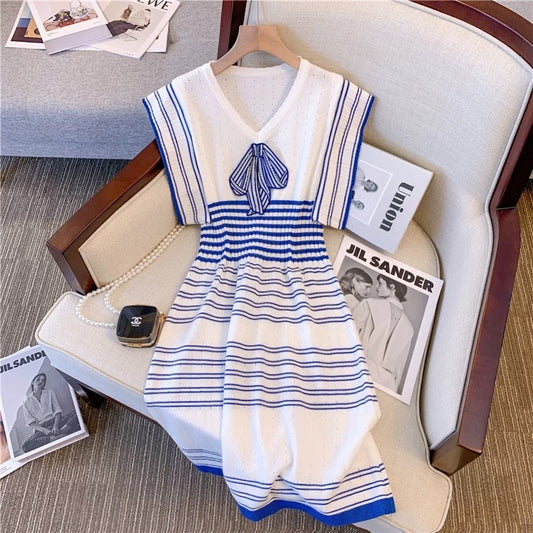 Big brand buyer store! Women's Clothes Withdrawn from Clearance Shop - French Navy Collar Small Fragrance Style Striped Dress