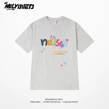 NELY Xiao Nili homemade colorful logo letter short-sleeved T-shirt for men and women couple hip-hop design round neck top