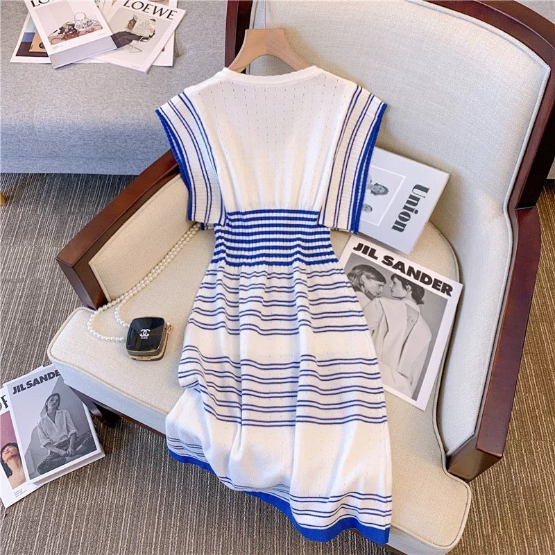 Big brand buyer store! Women's Clothes Withdrawn from Clearance Shop - French Navy Collar Small Fragrance Style Striped Dress