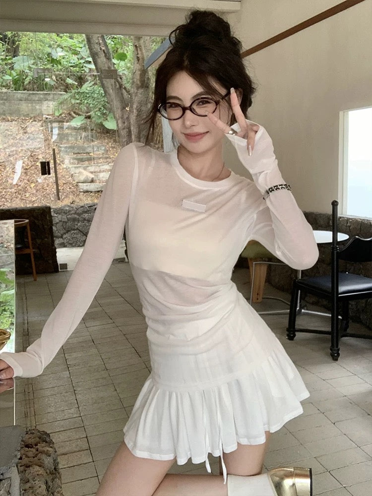 Hot girl casual suit women's summer new gray patch slim long-sleeved T-shirt high-waisted skirt two-piece set