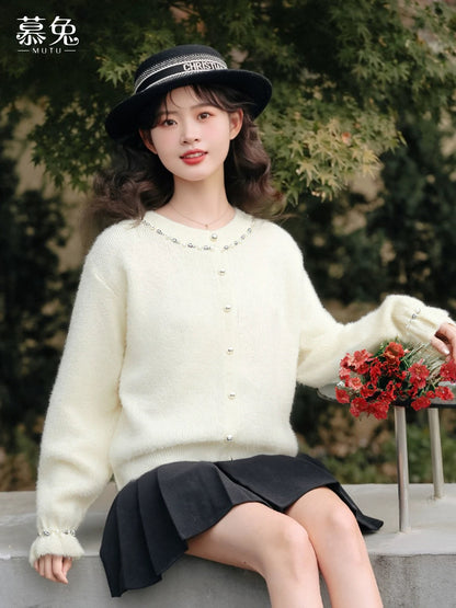 Mutu French-style heavy-duty beaded sweater for women, 2025 winter new style, petite, loose long-sleeved knitted cardigan top