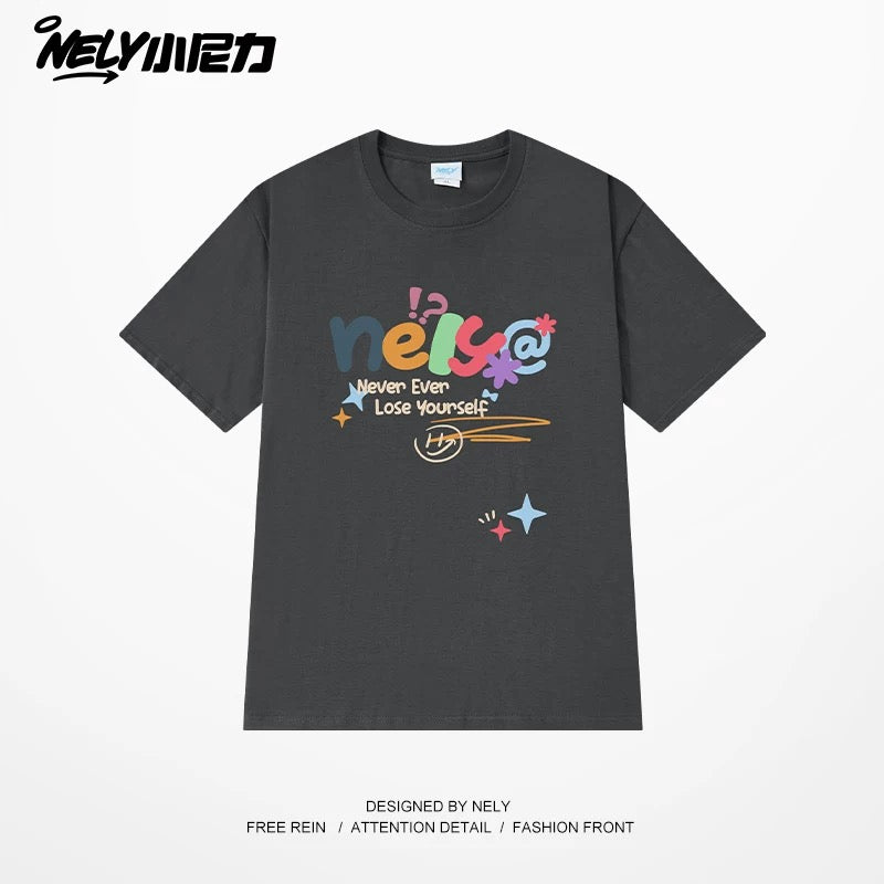NELY Xiao Nili homemade colorful logo letter short-sleeved T-shirt for men and women couple hip-hop design round neck top
