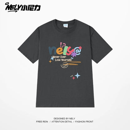 NELY Xiao Nili homemade colorful logo letter short-sleeved T-shirt for men and women couple hip-hop design round neck top