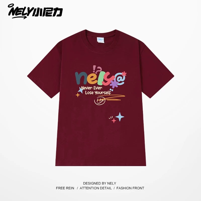 NELY Xiao Nili homemade colorful logo letter short-sleeved T-shirt for men and women couple hip-hop design round neck top