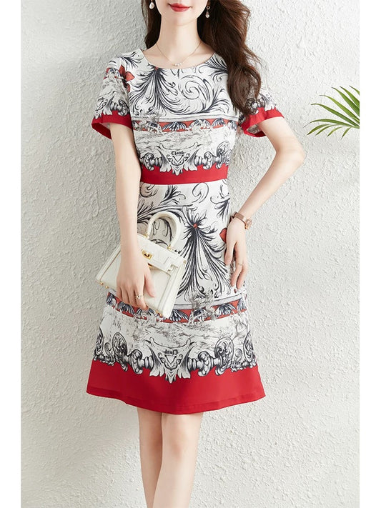 French retro high-end printed dress for women summer 2024 new slim fit and slim temperament niche a-line skirt