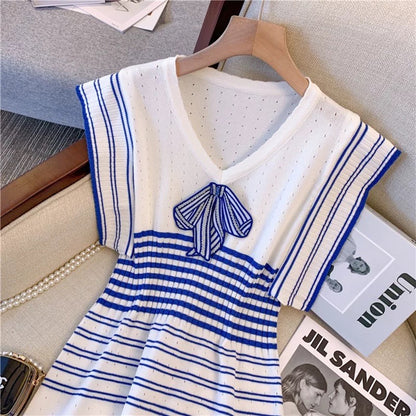 Big brand buyer store! Women's Clothes Withdrawn from Clearance Shop - French Navy Collar Small Fragrance Style Striped Dress