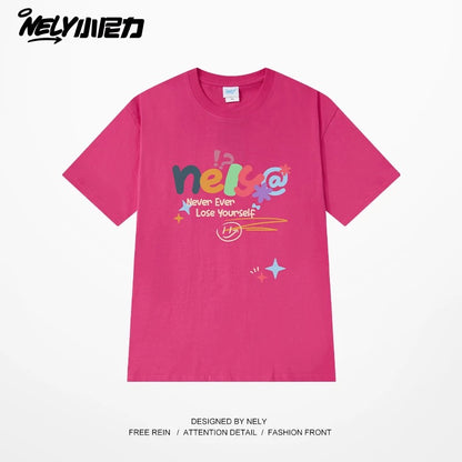 NELY Xiao Nili homemade colorful logo letter short-sleeved T-shirt for men and women couple hip-hop design round neck top