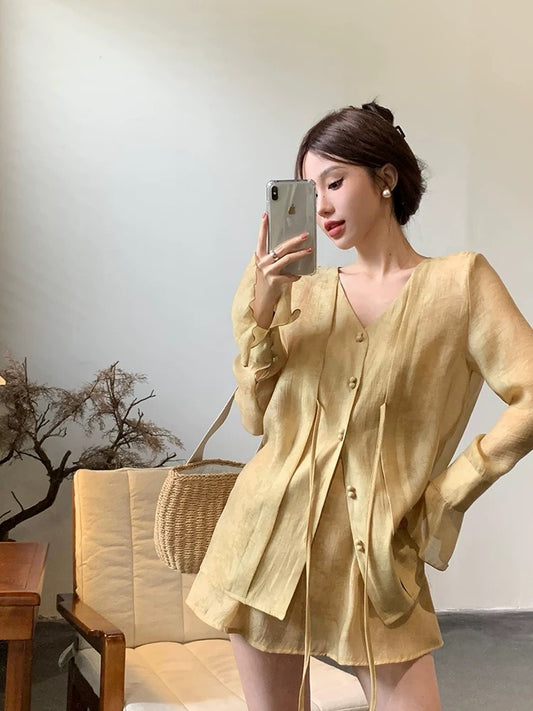New Chinese-style Tencel long-sleeved sunscreen shirt for women summer new national style loose v-neck fashionable temperament lace-up top