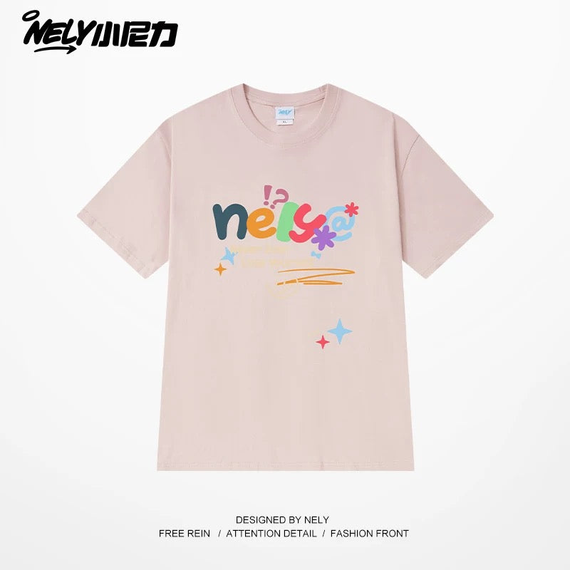 NELY Xiao Nili homemade colorful logo letter short-sleeved T-shirt for men and women couple hip-hop design round neck top