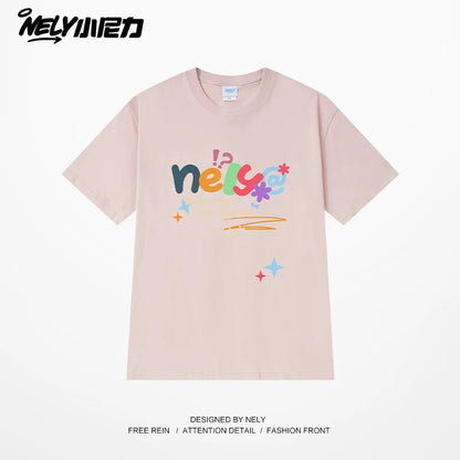 NELY Xiao Nili homemade colorful logo letter short-sleeved T-shirt for men and women couple hip-hop design round neck top