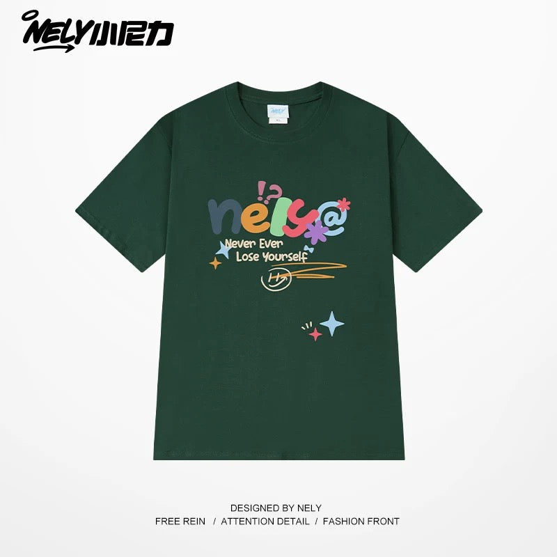 NELY Xiao Nili homemade colorful logo letter short-sleeved T-shirt for men and women couple hip-hop design round neck top