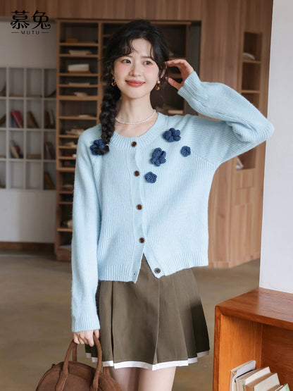 MuTu Sweet 3D Floral Long-Sleeved Knit Cardigan for Women, 2025 Autumn New Style, Petite, Soft and Loose Sweater