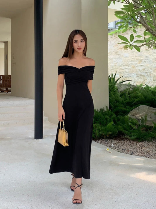 NEVA HU French style black one-shoulder dress for women new style waistless off-shoulder high-quality sleeveless long dress
