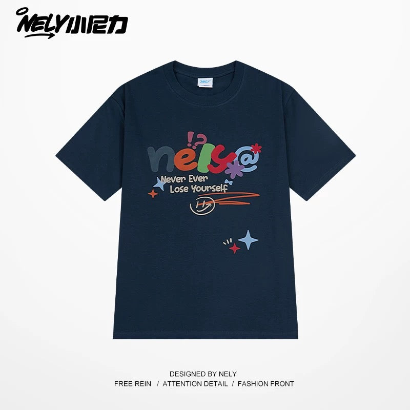 NELY Xiao Nili homemade colorful logo letter short-sleeved T-shirt for men and women couple hip-hop design round neck top