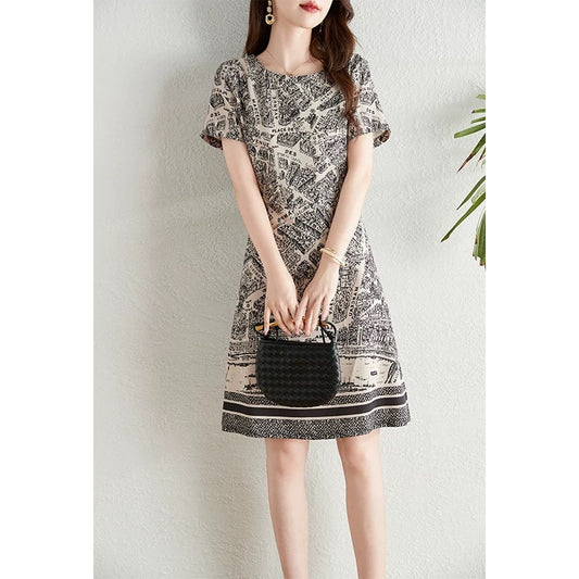 French retro style Paris map print dress for women summer 2024 new style waist slimming a-line skirt