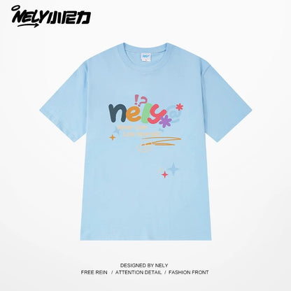 NELY Xiao Nili homemade colorful logo letter short-sleeved T-shirt for men and women couple hip-hop design round neck top