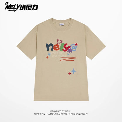 NELY Xiao Nili homemade colorful logo letter short-sleeved T-shirt for men and women couple hip-hop design round neck top