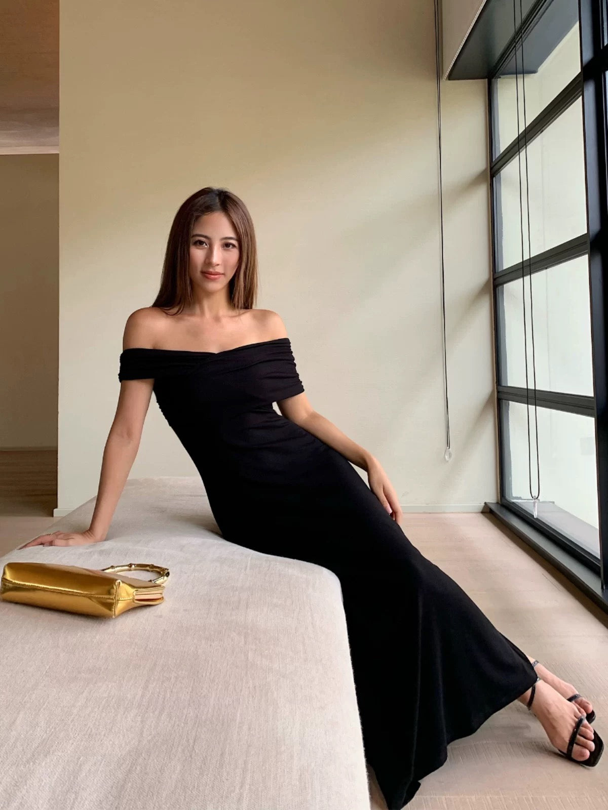 NEVA HU French style black one-shoulder dress for women new style waistless off-shoulder high-quality sleeveless long dress