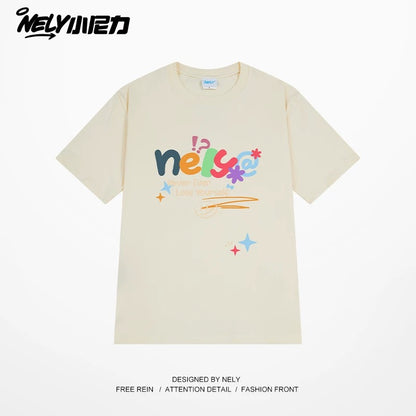 NELY Xiao Nili homemade colorful logo letter short-sleeved T-shirt for men and women couple hip-hop design round neck top
