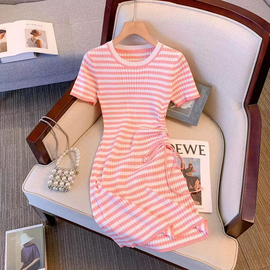 Design niche striped side drawstring knitted dress slim casual T-shirt skirt sweet hip skirt ins