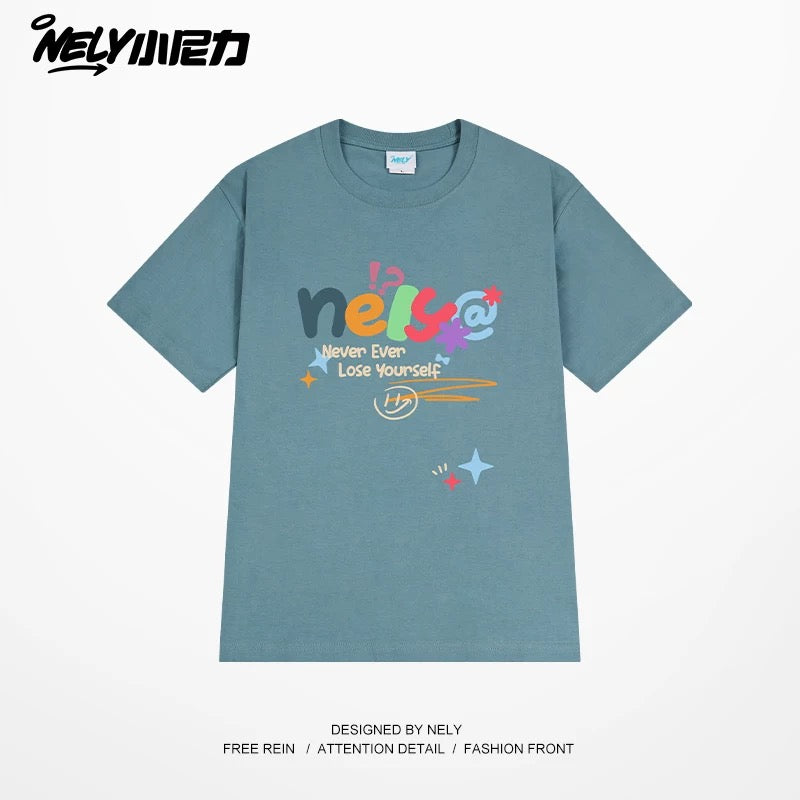 NELY Xiao Nili homemade colorful logo letter short-sleeved T-shirt for men and women couple hip-hop design round neck top