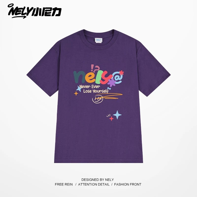 NELY Xiao Nili homemade colorful logo letter short-sleeved T-shirt for men and women couple hip-hop design round neck top
