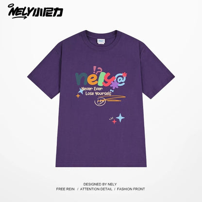 NELY Xiao Nili homemade colorful logo letter short-sleeved T-shirt for men and women couple hip-hop design round neck top