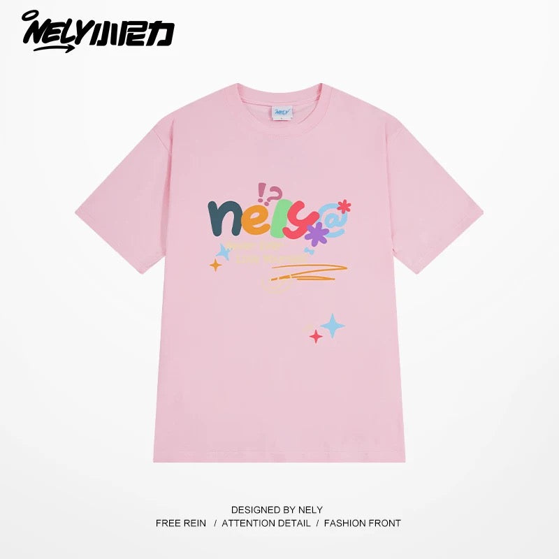 NELY Xiao Nili homemade colorful logo letter short-sleeved T-shirt for men and women couple hip-hop design round neck top