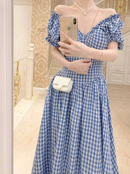 Pleated V-neck blue plaid puff sleeve dress for women summer new seaside resort style waist mid-length skirt