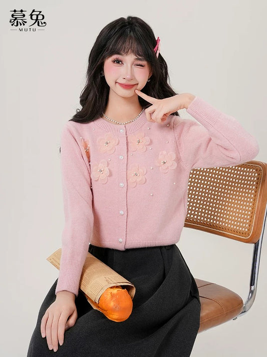 MuTu Sweet 3D Floral Flower Sweater Cardigan for Women, 2025 Winter New Style, Petite Round Neck Knitted Cardigan Top