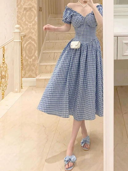 Pleated V-neck blue plaid puff sleeve dress for women summer new seaside resort style waist mid-length skirt