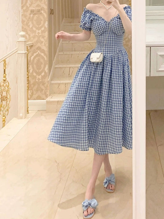 Pleated V-neck blue plaid puff sleeve dress for women summer new seaside resort style waist mid-length skirt
