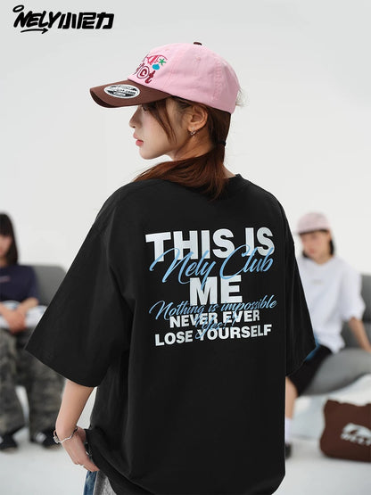 NELY Little Nelly hand-painted letter graffiti short-sleeved black cotton T-shirt for men and women 2025 trendy couple tops