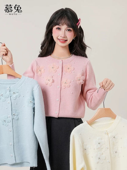 MuTu Sweet 3D Floral Flower Sweater Cardigan for Women, 2025 Winter New Style, Petite Round Neck Knitted Cardigan Top